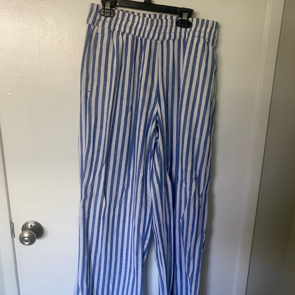 Old Navy Blue and White Striped Linen Blend Wide Leg Pants